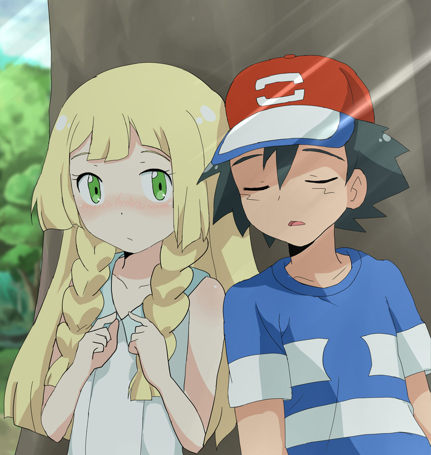 lillie and ash ketchum (pokemon and 1 more) drawn by kuriyama