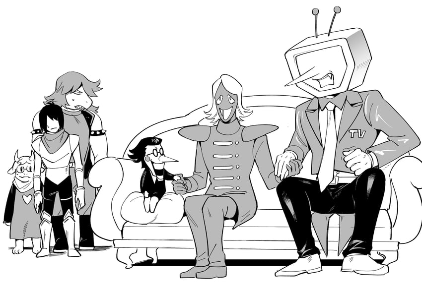kris, ralsei, susie, ant tenna, spamton g. spamton, and 1 more (deltarune) drawn by daihonei1945