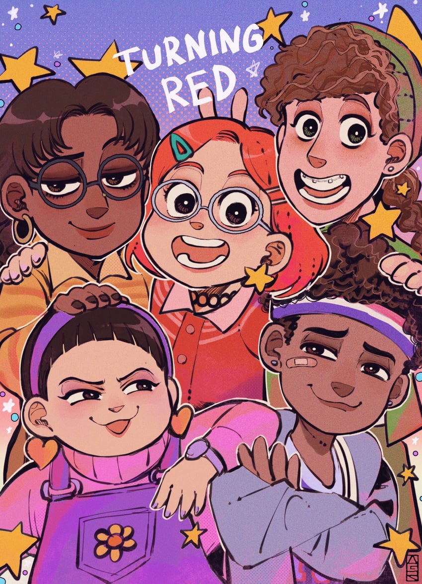 meilin lee, abby, priya, miriam, and tyler (turning red) drawn by waguri_341