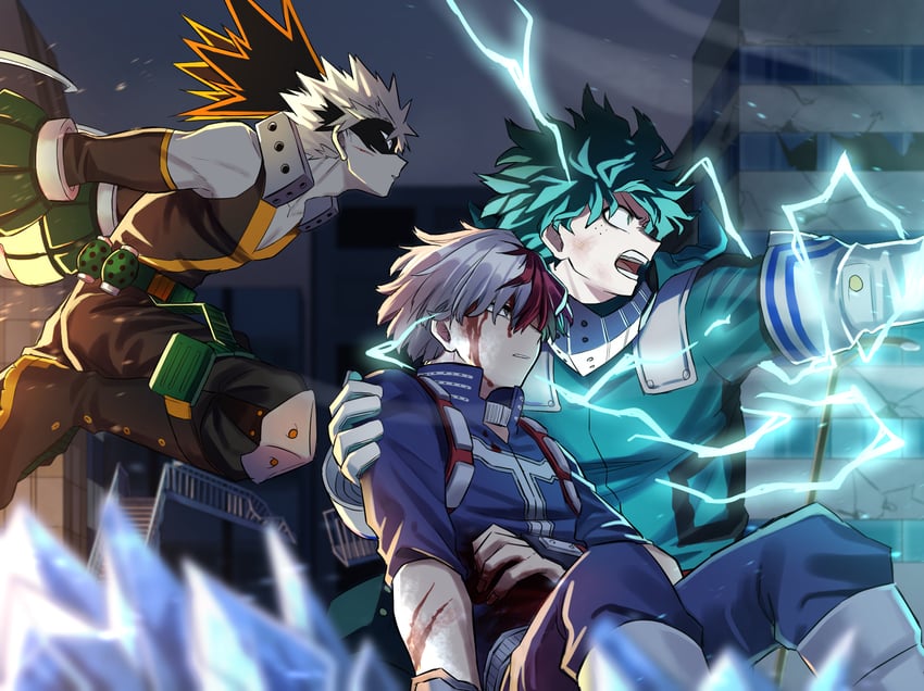 midoriya izuku, bakugou katsuki, and todoroki shoto (boku no hero academia) drawn by rumos_115