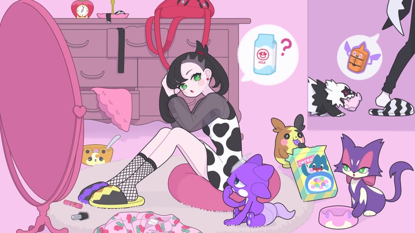 marnie, rotom, morpeko, piers, teddiursa, and 3 more (pokemon and 1 more) drawn by nyaasechan
