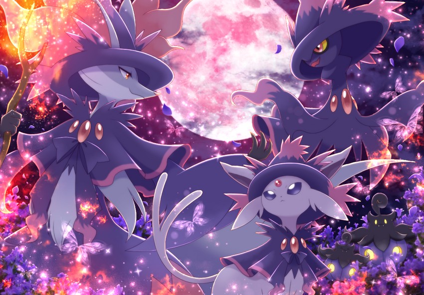 espeon, mismagius, delphox, and pumpkaboo (pokemon) drawn by maiko_(mimi)