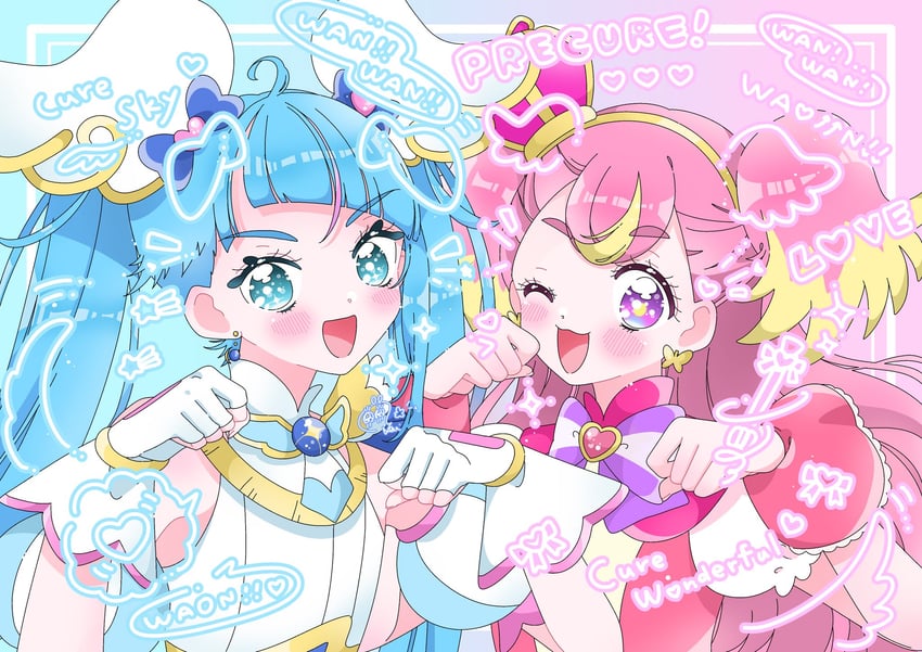 sora harewataru, cure sky, inukai komugi, and cure wonderful (precure and 2 more) drawn by yui_(sweet00ff)
