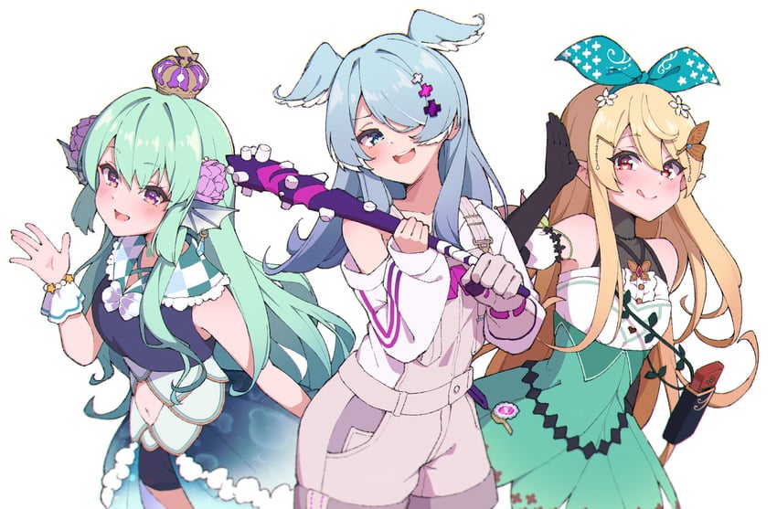 elira pendora, pomu rainpuff, and finana ryugu (nijisanji and 1 more) drawn by seion