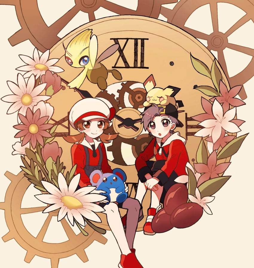 ethan, lyra, pichu, celebi, and marill (pokemon and 1 more) drawn by mikakami1e