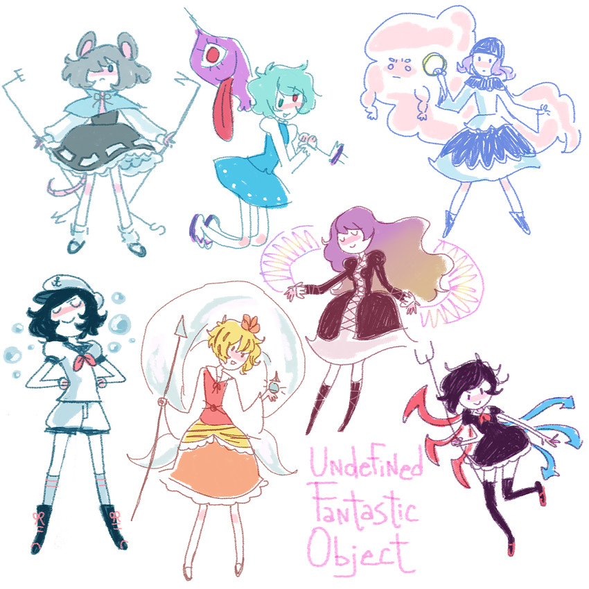 tatara kogasa, nazrin, hijiri byakuren, houjuu nue, toramaru shou, and 3 more (touhou and 1 more) drawn by kaymurph