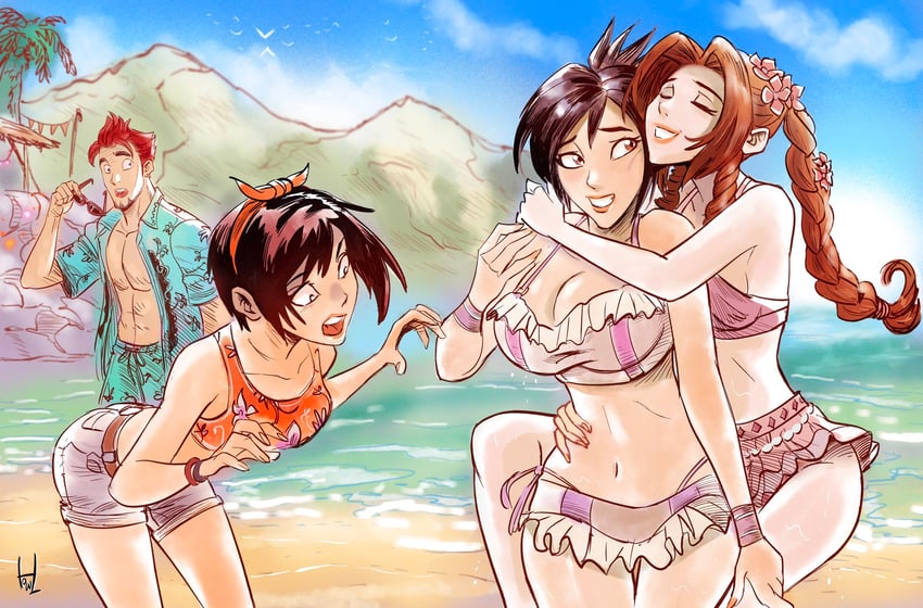 tifa lockhart, aerith gainsborough, yuffie kisaragi, and johnny (final fantasy and 3 more) drawn by howlart997