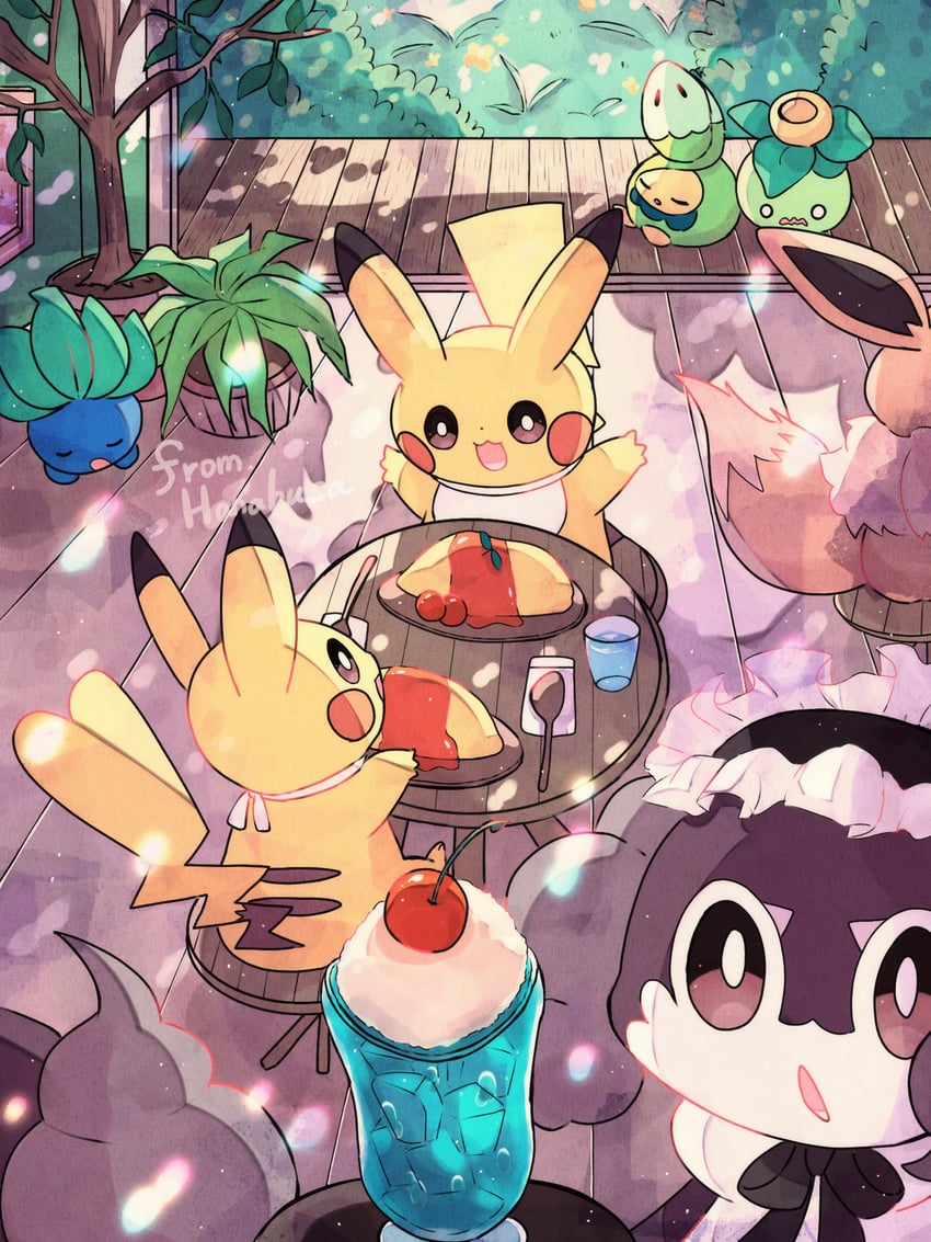 pikachu, eevee, oddish, budew, smoliv, and 1 more (pokemon) drawn by hanabusaoekaki