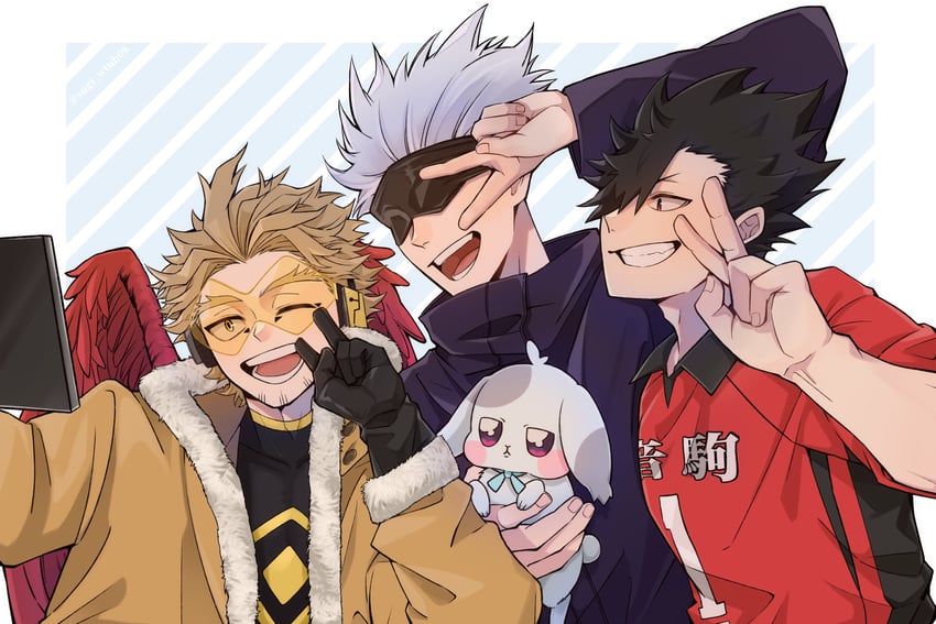 gojou satoru, hawks, kuroo tetsurou, and nakamura yuuichi (boku no hero academia and 2 more) drawn by sugi_wtnb08