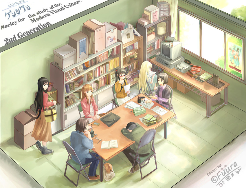 ogiue chika, ohno kanako, susanna hopkins, hato kenjirou, yoshitake rika, and 2 more (genshiken and 1 more) drawn by fuura