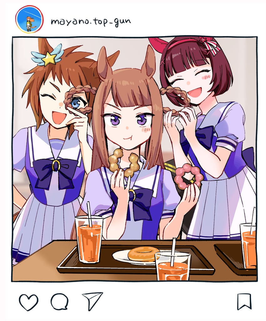 sweep tosho, nishino flower, and biko pegasus (umamusume and 1 more) drawn by yonu_(yonurime)