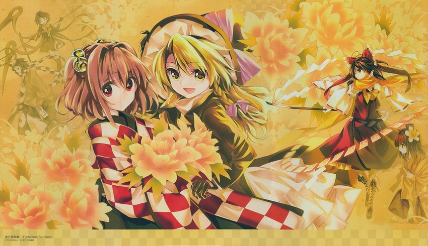 hakurei reimu, kirisame marisa, houjuu nue, hieda no akyuu, futatsuiwa mamizou, and 1 more (touhou and 1 more) drawn by harukawa_moe
