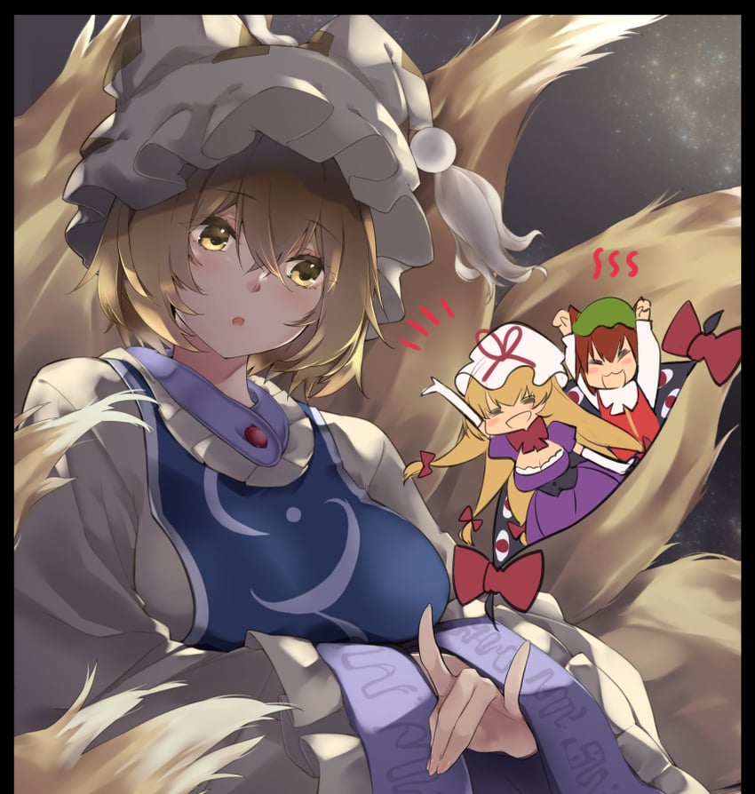yakumo yukari, yakumo ran, and chen (touhou) drawn by meji_aniki