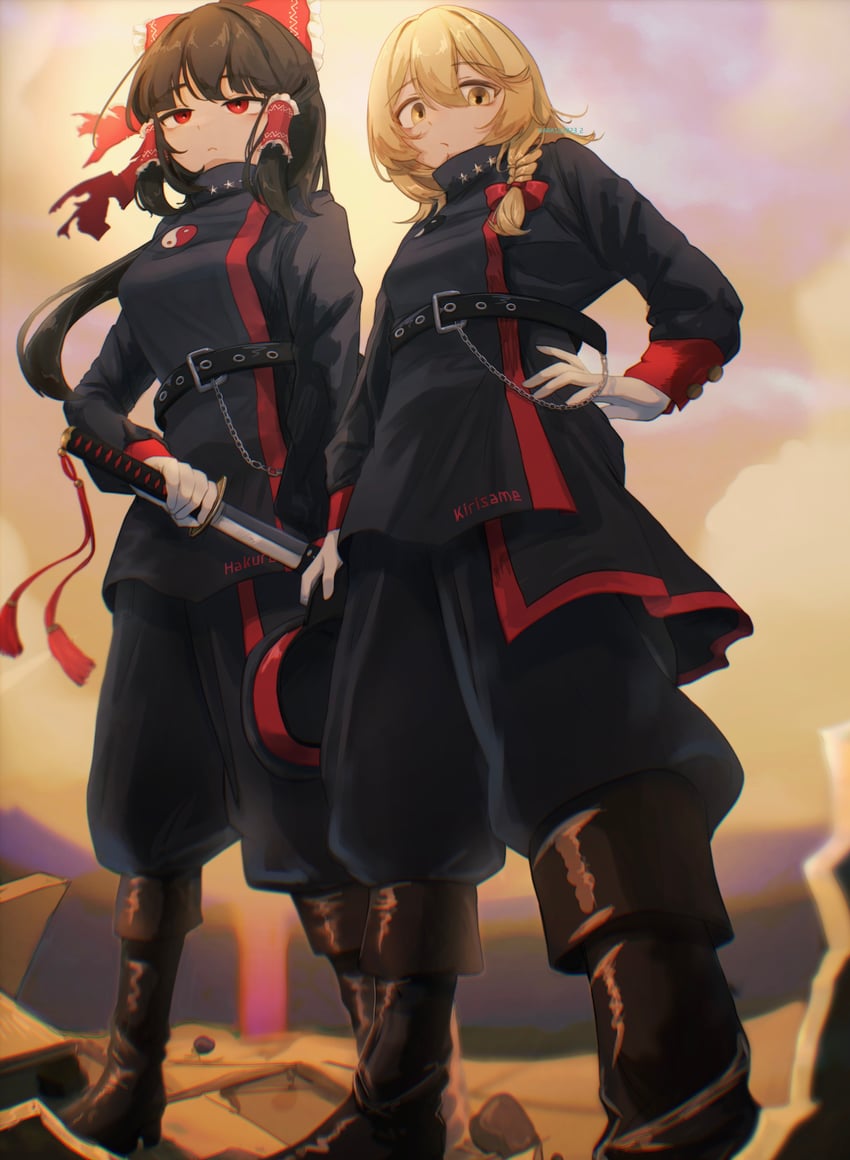 hakurei reimu and kirisame marisa (touhou) drawn by karasu2020_8