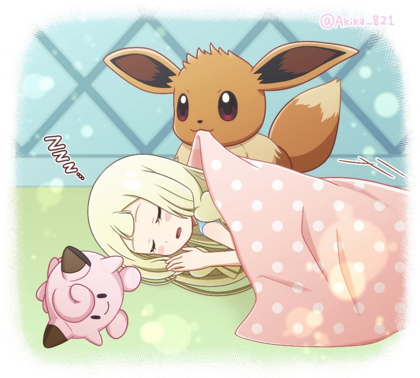 lillie, eevee, and clefairy (pokemon and 1 more) drawn by akika_821