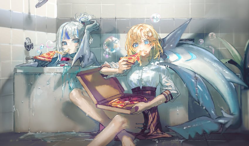 gawr gura, watson amelia, and bloop (hololive and 1 more) drawn by quasarcake