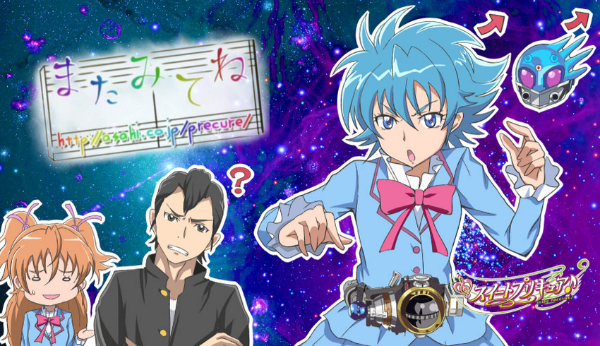 houjou hibiki, nishijima waon, kisaragi gentarou, and kamen rider meteor (precure and 3 more) drawn by banboro_(technobot)