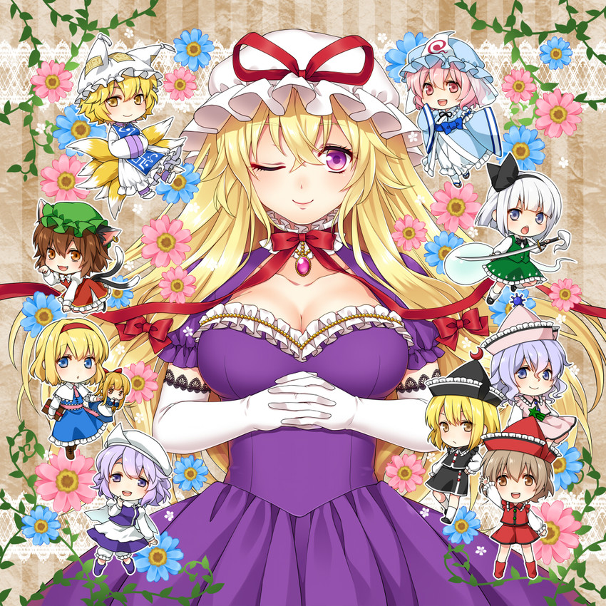 konpaku youmu, alice margatroid, yakumo yukari, saigyouji yuyuko, yakumo ran, and 5 more (touhou and 1 more) drawn by mise_yuzuki