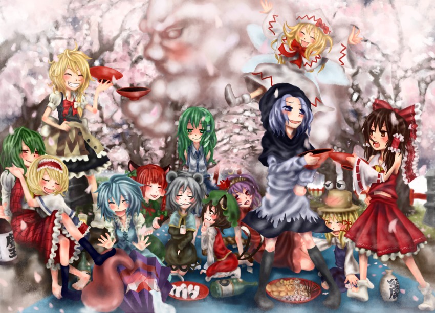 hakurei reimu, kirisame marisa, kochiya sanae, alice margatroid, kaenbyou rin, and 9 more (touhou) drawn by run_(rrrrun)