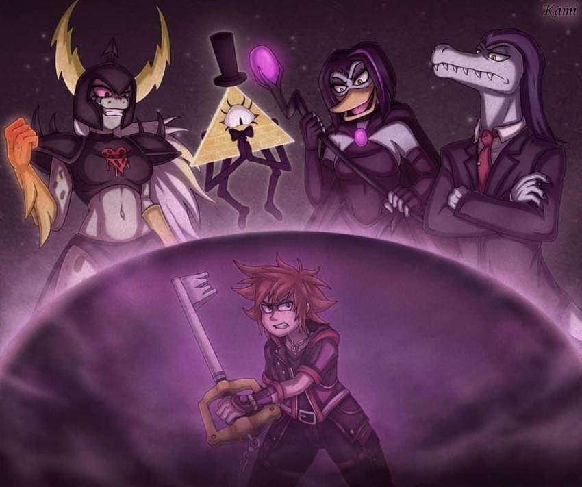 sora, bill cipher, lord dominator, magica de spell, and toffee (kingdom hearts and 6 more) drawn by kamisulit
