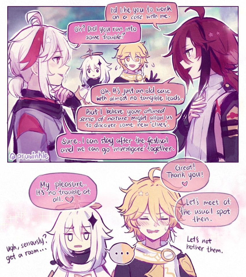 aether, paimon, kaedehara kazuha, and shikanoin heizou (genshin impact) drawn by pruwinkle