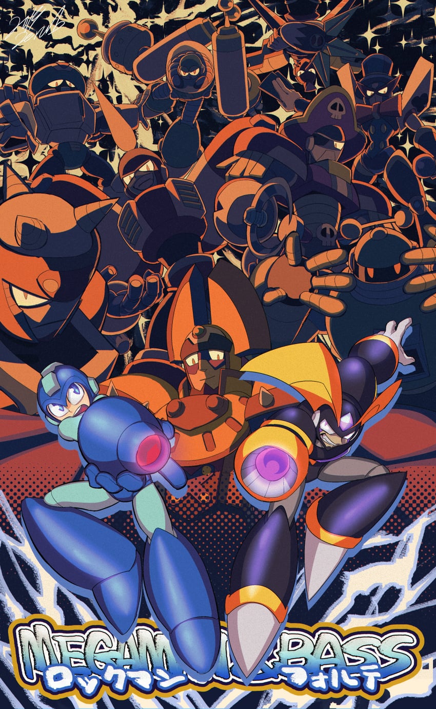 mega man, bass, tengu man, astro man, burner man, and 6 more (mega man and 1 more) drawn by borezet