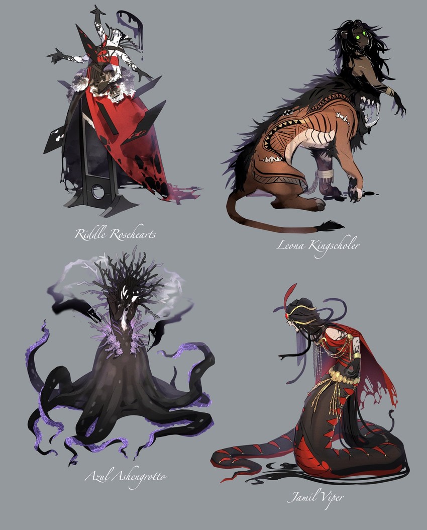 leona kingscholar, azul ashengrotto, riddle rosehearts, and jamil viper (twisted wonderland) drawn by take_bayashi_3d