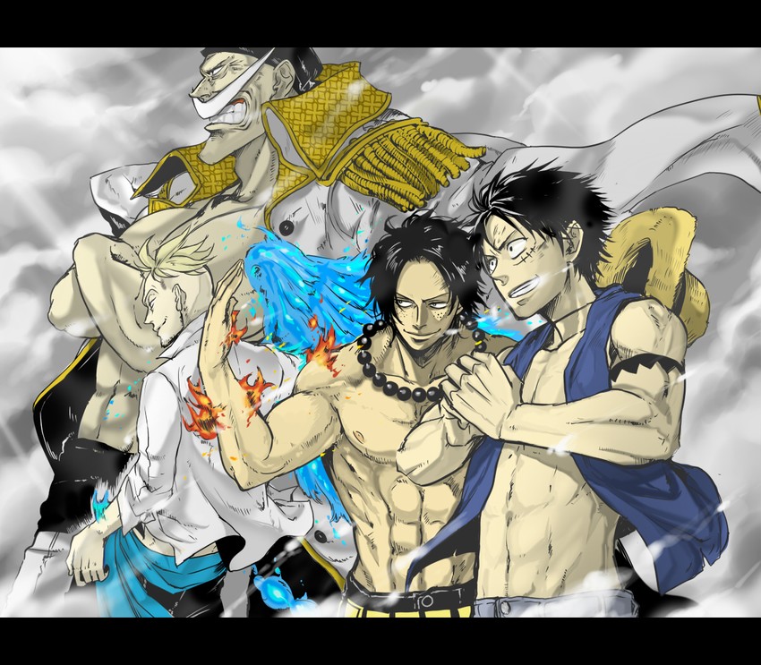 monkey d. luffy, portgas d. ace, marco, and edward newgate (one piece) drawn by nanigashi_(xla009)