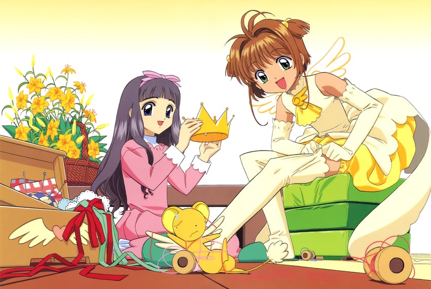kinomoto sakura, kero, and daidouji tomoyo (cardcaptor sakura) drawn by fujita_mariko