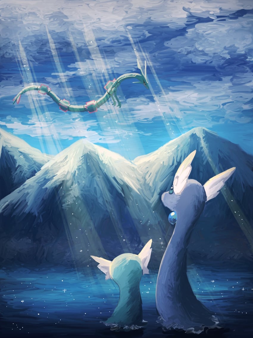 rayquaza, dragonair, and dratini (pokemon) drawn by 7_phi_3