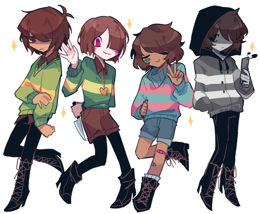 frisk, chara, kris, and vessel (undertale and 1 more) drawn by charamells