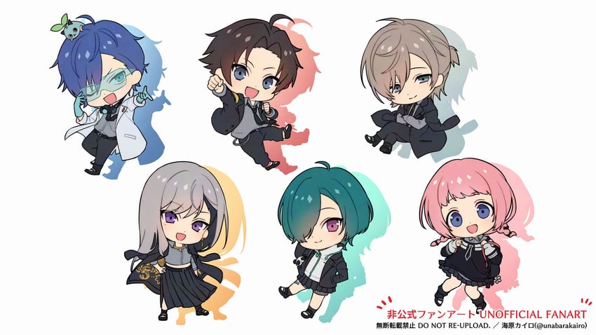 higuchi kaede, kanae, suo sango, ryuushen, saegusa akina, and 2 more (nijisanji) drawn by unabara_kairo