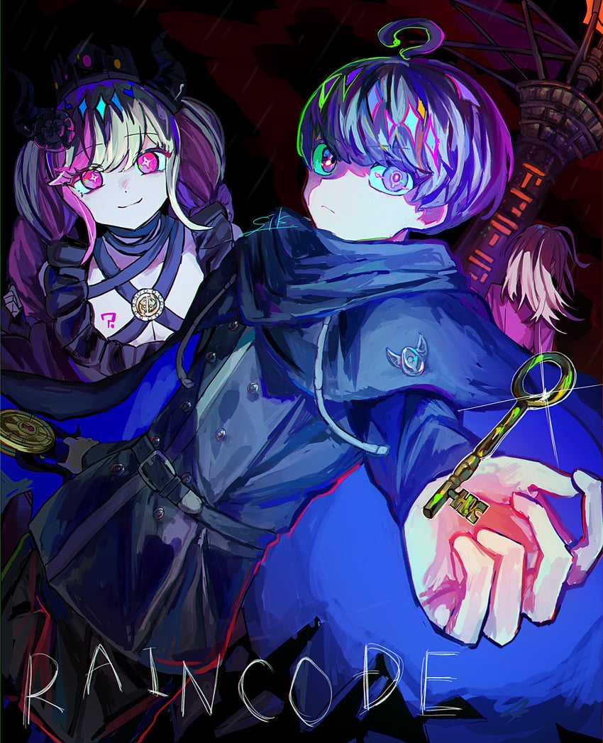 shinigami, yuma kokohead, and makoto kagutsuchi (master detective archives: rain code) drawn by shiku_sik