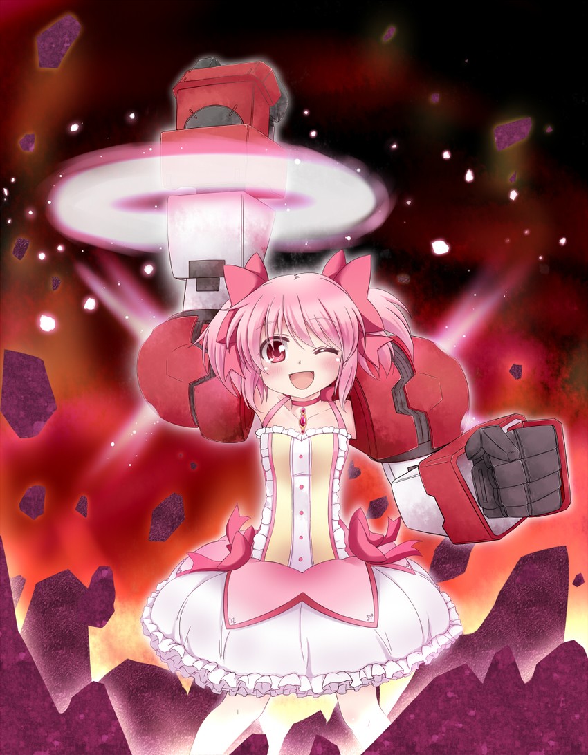 kaname madoka, gundam age-1, and gundam age-1 titus (mahou shoujo madoka magica and 2 more) drawn by makino_(ukiuo)