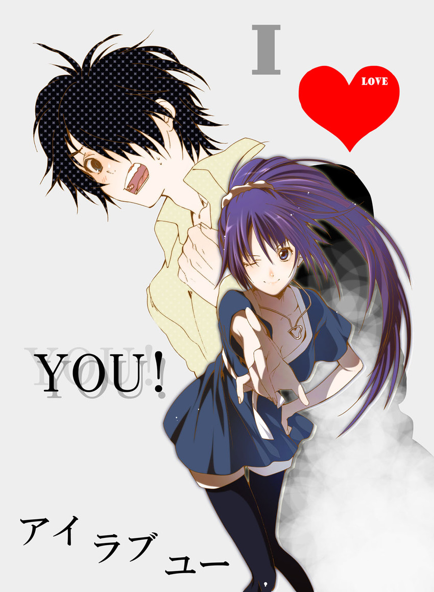 senjougahara hitagi and araragi koyomi (monogatari and 1 more) drawn by yukimitsuki