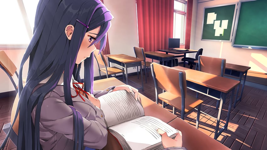 yuri and protagonist (doki doki literature club) drawn by satchely