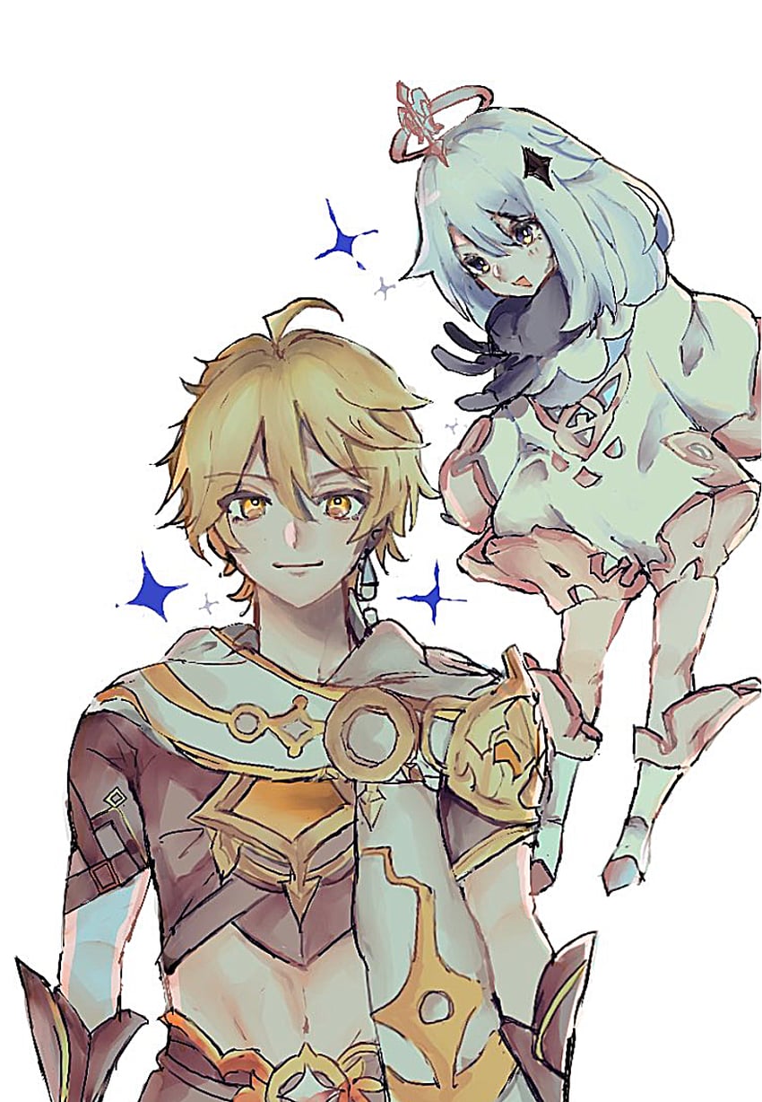 aether and paimon (genshin impact) drawn by arieru_26