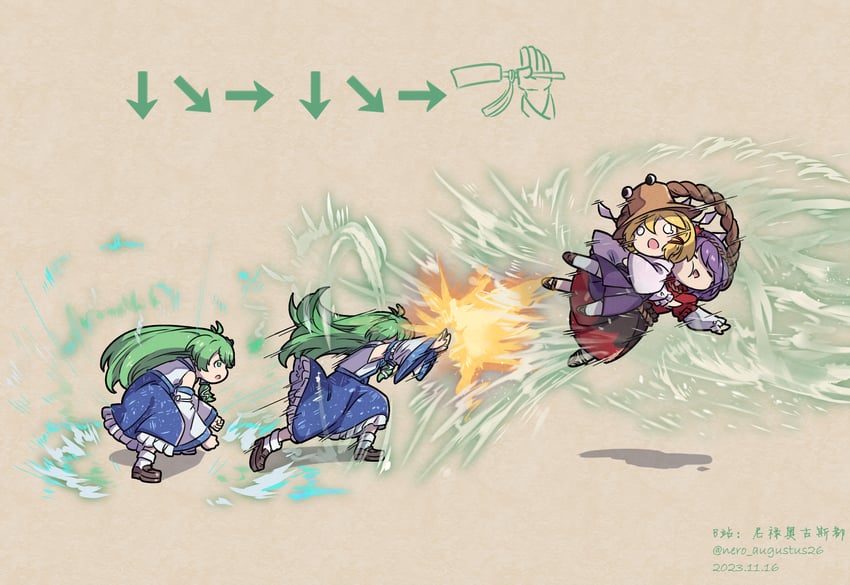 kochiya sanae, moriya suwako, yasaka kanako, and e. honda (touhou and 2 more) drawn by nero_augustus