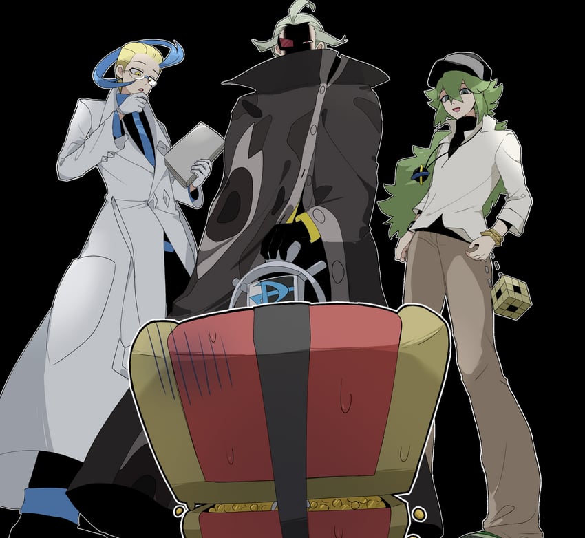 n, ghetsis, colress, and gimmighoul (pokemon and 1 more) drawn by suta_5255