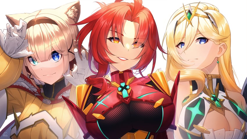 pyra, mythra, nia, murata himeko, durandal, and 1 more (honkai and 3 more) drawn by acrylicstroke