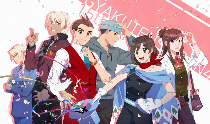 phoenix wright, apollo justice, trucy wright, klavier gavin, ema skye, and 1 more (ace attorney and 1 more) drawn by nam_eh_co