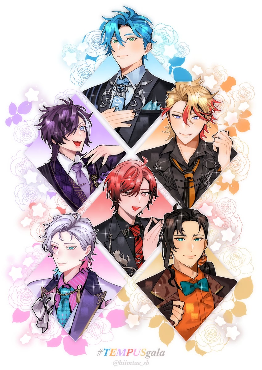 gavis bettel, machina x flayon, regis altare, axel syrios, banzoin hakka, and 1 more (holostars and 1 more) drawn by hiimtae_sb