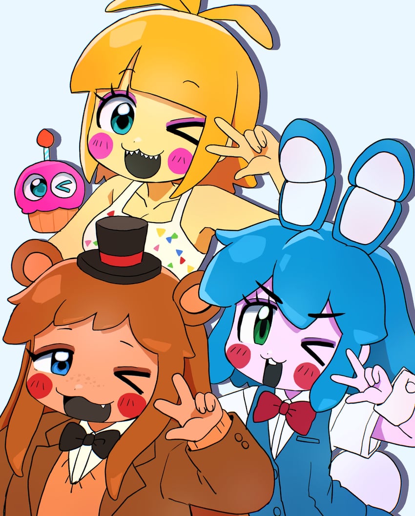 toy chica, cupcake, toy bonnie, and toy freddy (five nights at freddy's and 1 more) drawn by minami_(mnm-kyk)