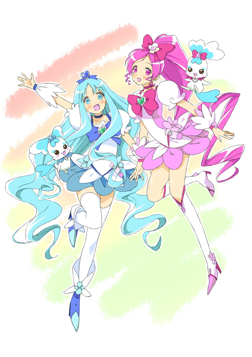 kurumi erika, hanasaki tsubomi, cure marine, cure blossom, coffret, and 1 more (precure and 1 more) drawn by heysho