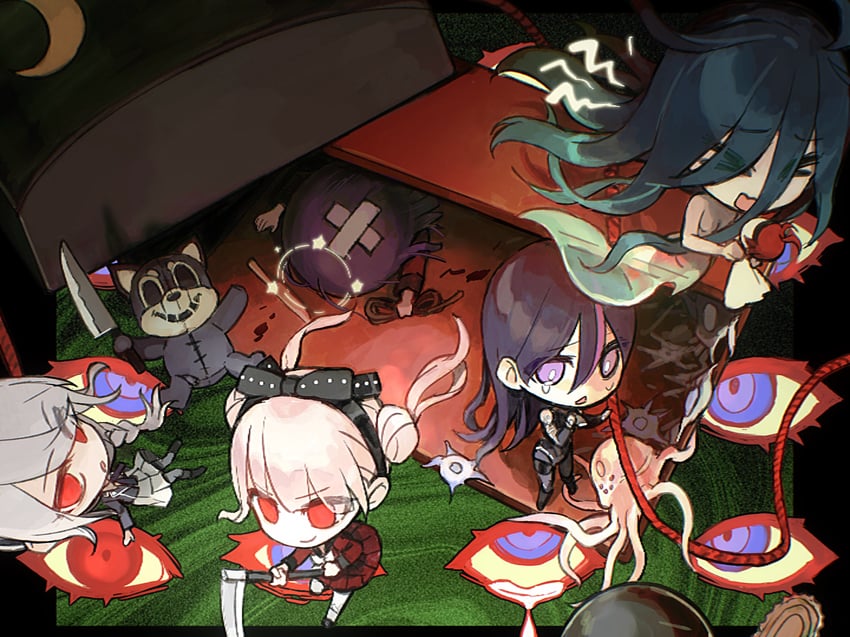 sumino takumi, tsukumo kako, tsukumo ima, kirifuji nozomi, and eva (the hundred line -last defense academy-) drawn by yough42