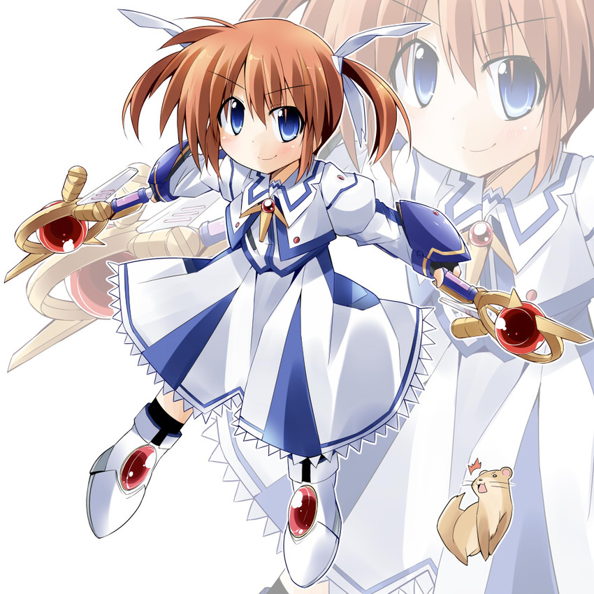 takamachi nanoha, raising heart, and yuuno scrya (lyrical nanoha and 2 more) drawn by bibi02