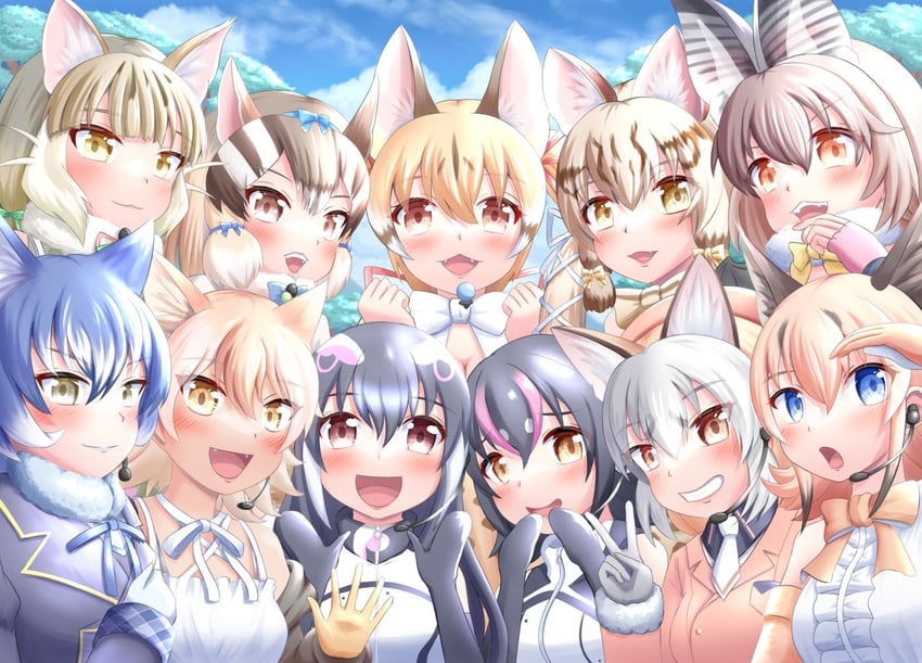 island fox, humboldt penguin, caracal, brown long-eared bat, coyote, and 6 more (kemono friends and 1 more) drawn by yu_ta_info