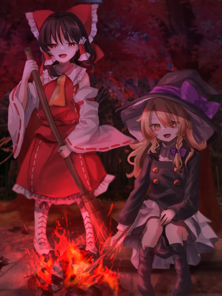 hakurei reimu and kirisame marisa (touhou) drawn by karasu2020_8