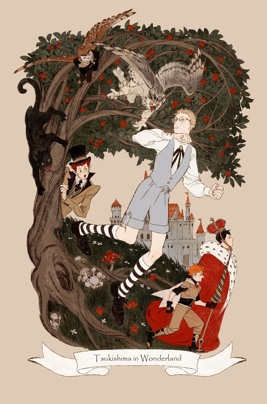 hinata shouyou, bokuto koutarou, kuroo tetsurou, mad hatter, akaashi keiji, and 3 more (alice's adventures in wonderland and 1 more) drawn by chengongzi123