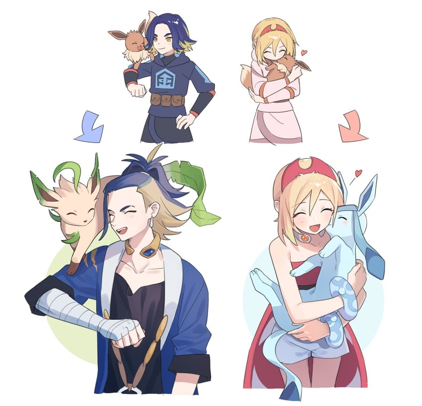 eevee, glaceon, irida, leafeon, and adaman (pokemon and 1 more) drawn by pankona_(ubsssss)